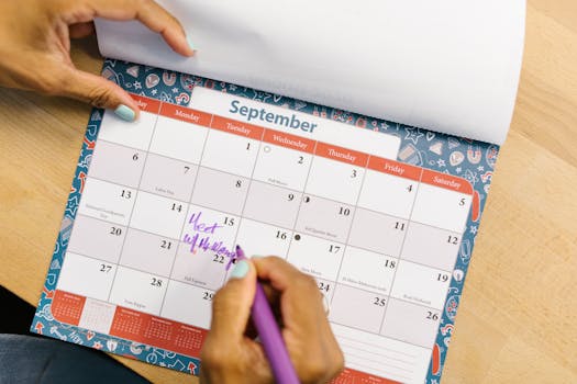 organized desk with calendar